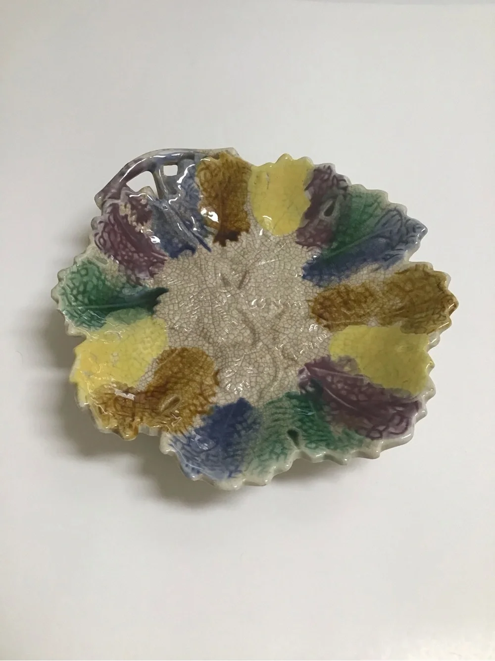 Antique Majolica Leaf Plate 1880's ? Morley & Co. Wellsville OH  7x7” Colorful